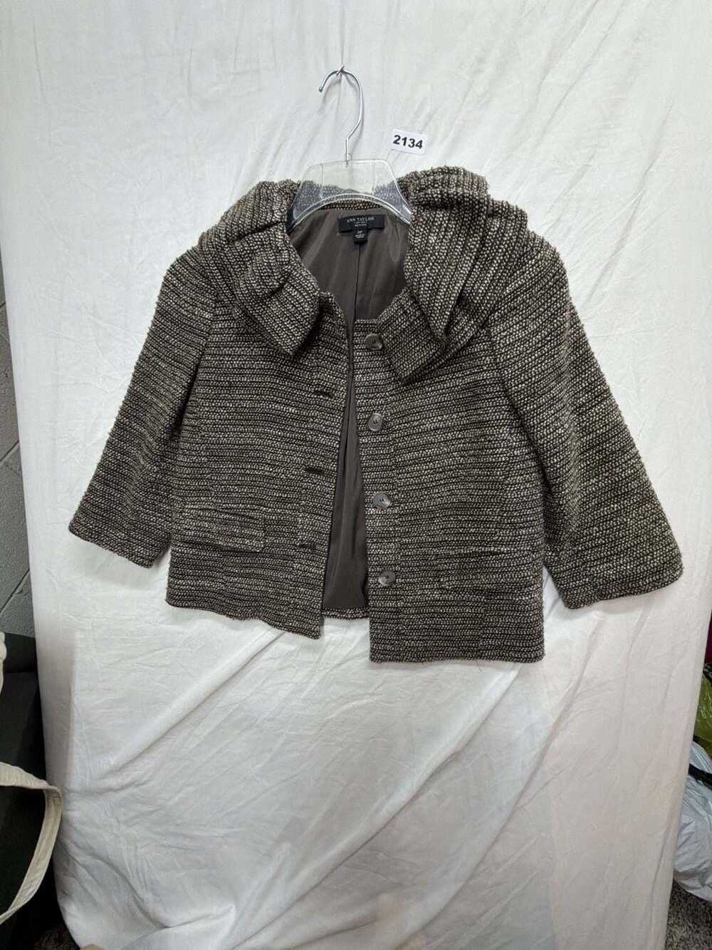 Ann Taylor Ruffle Collar Tweed Jacket Size 2P Brown